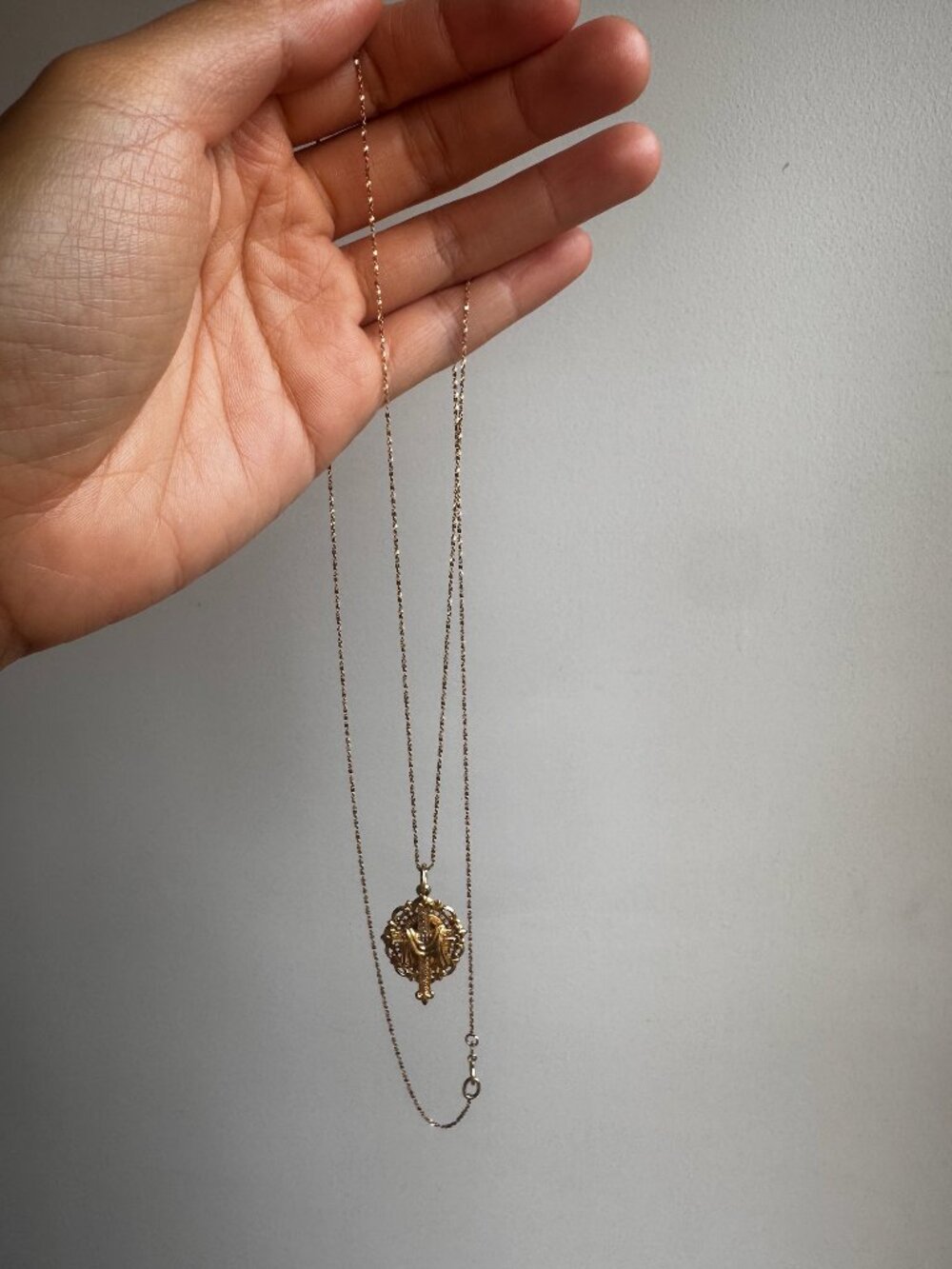 Vintage 1980s Handmade 14K Cross And Virgin Mary Pendant Necklace 30"